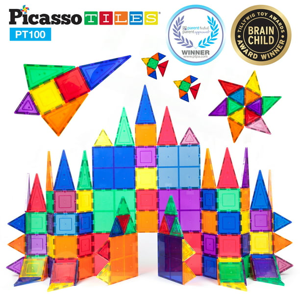 Educational and Recreational! Conventional Inspirational Creativity beyond Imagination! PicassoTiles 100 piece set Magnet Building Tiles Clear 3D color Magnetic Building Tiles